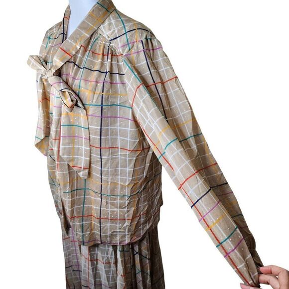 Vintage 70s Long Sleeve Top Blouson Dress Set Womens Size 3XL Beige Rainbow Chec - Picture 9 of 13
